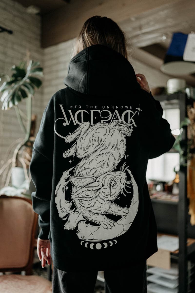 Black oversized hoodie with INTO THE UNKNOWN OVERSIZED HOODIE UNISEX print - Wolfpack Clothing