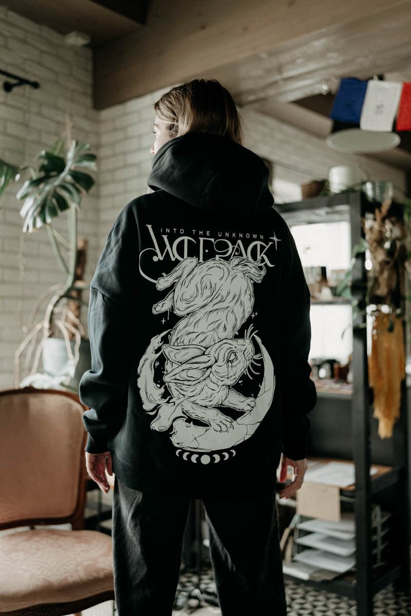 Black oversized hoodie with INTO THE UNKNOWN OVERSIZED HOODIE UNISEX print - Wolfpack Clothing