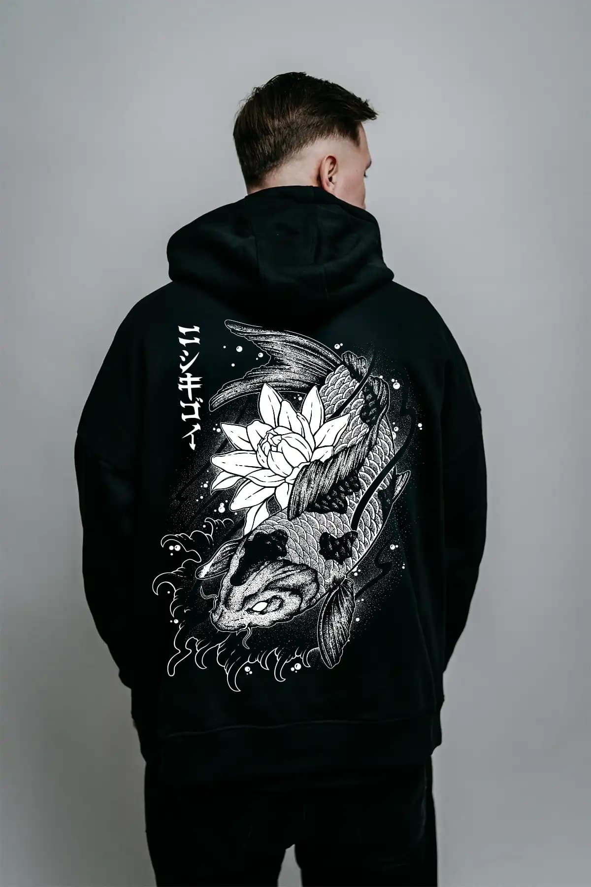 Black oversized hoodie with NISHIKIGOI OVERSIZED HOODIE UNISEX print - Wolfpack Clothing