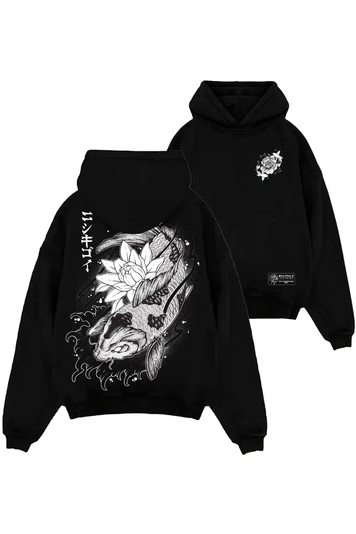 Black oversized hoodie with NISHIKIGOI OVERSIZED HOODIE UNISEX print - Wolfpack Clothing