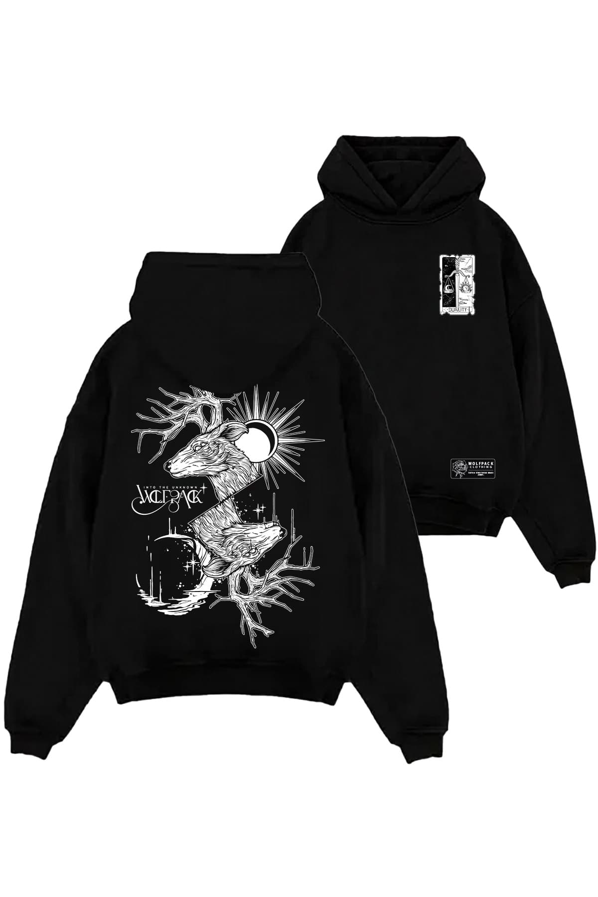 Black oversized hoodie with THE DUALITY OVERSIZED HOODIE UNISEX print - Wolfpack Clothing