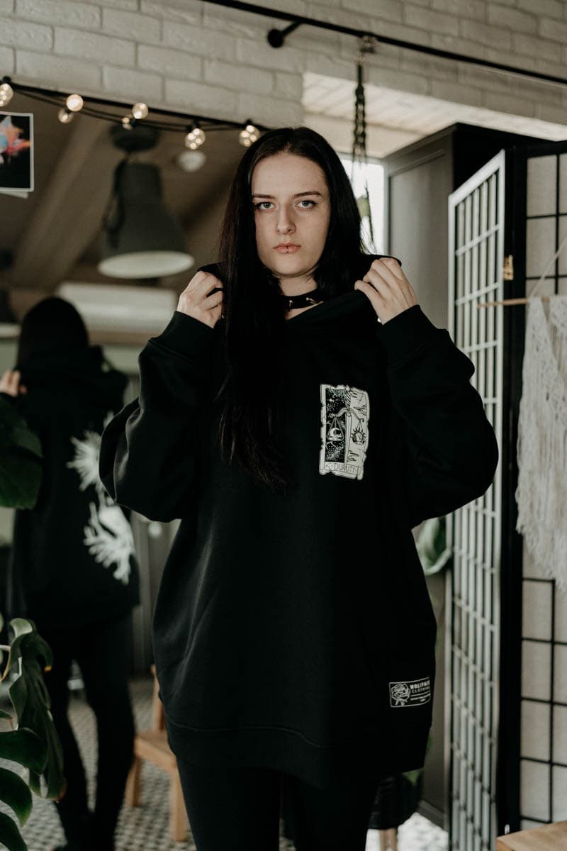 Black oversized hoodie with THE DUALITY OVERSIZED HOODIE UNISEX print - Wolfpack Clothing