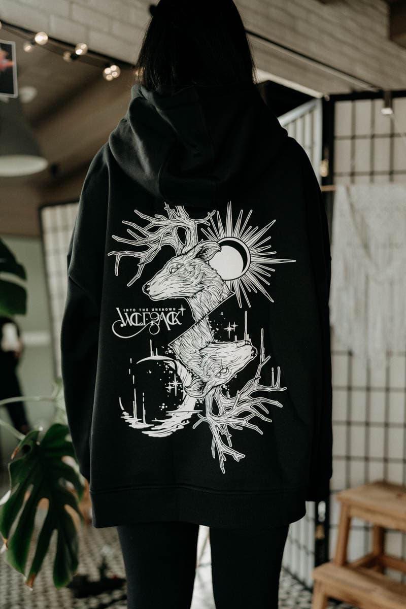 Black oversized hoodie with THE DUALITY OVERSIZED HOODIE UNISEX print - Wolfpack Clothing