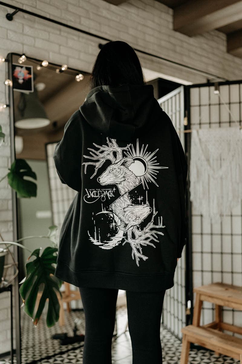 Black oversized hoodie with THE DUALITY OVERSIZED HOODIE UNISEX print - Wolfpack Clothing
