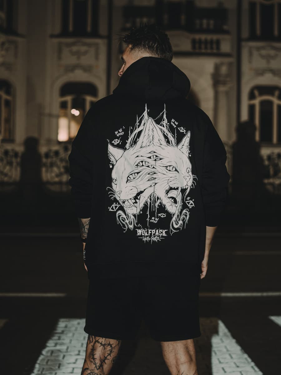 Black oversized hoodie with THE MOON OVERSIZED HOODIE UNISEX print - Wolfpack Clothing