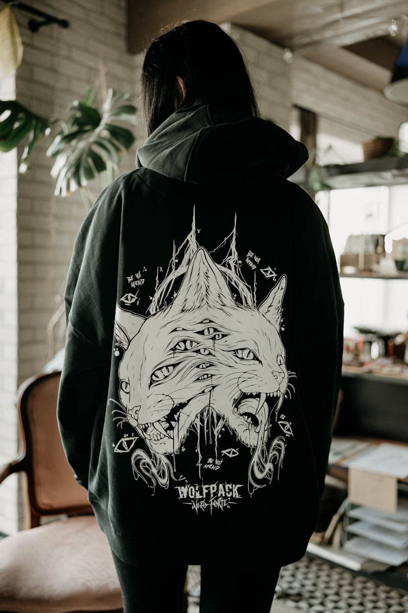 Black oversized hoodie with THE MOON OVERSIZED HOODIE UNISEX print - Wolfpack Clothing
