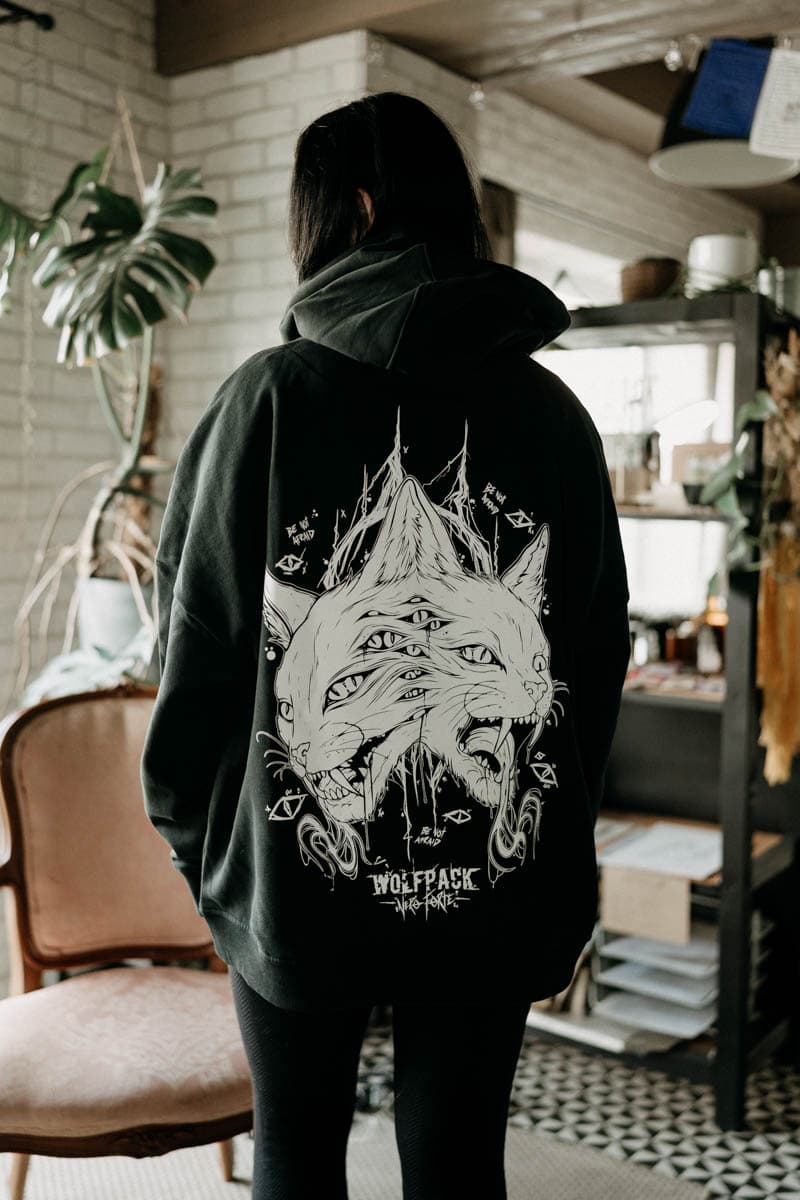 Black oversized hoodie with THE MOON OVERSIZED HOODIE UNISEX print - Wolfpack Clothing