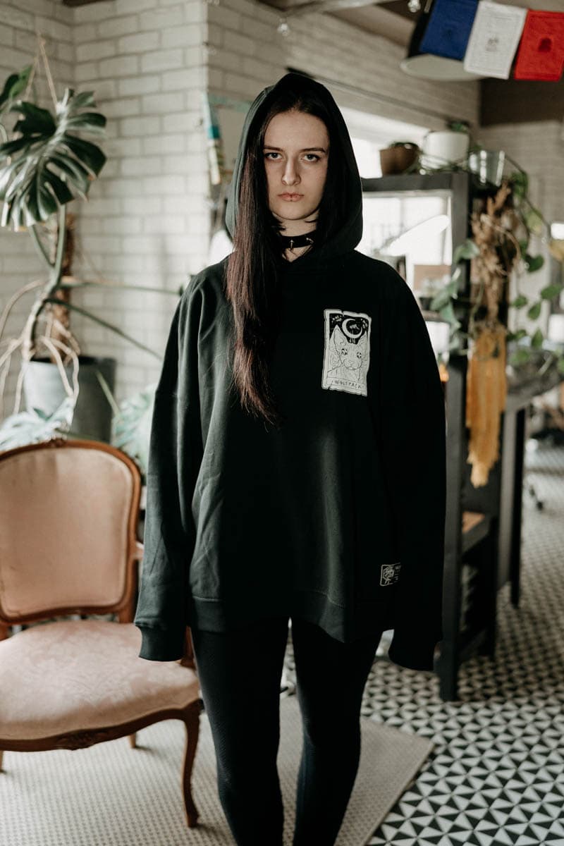 Black oversized hoodie with THE MOON OVERSIZED HOODIE UNISEX print - Wolfpack Clothing