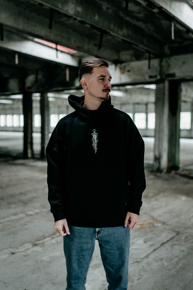 Black oversized hoodie with TOXIC FAITH OVERSIZED HOODIE UNISEX print - Wolfpack Clothing