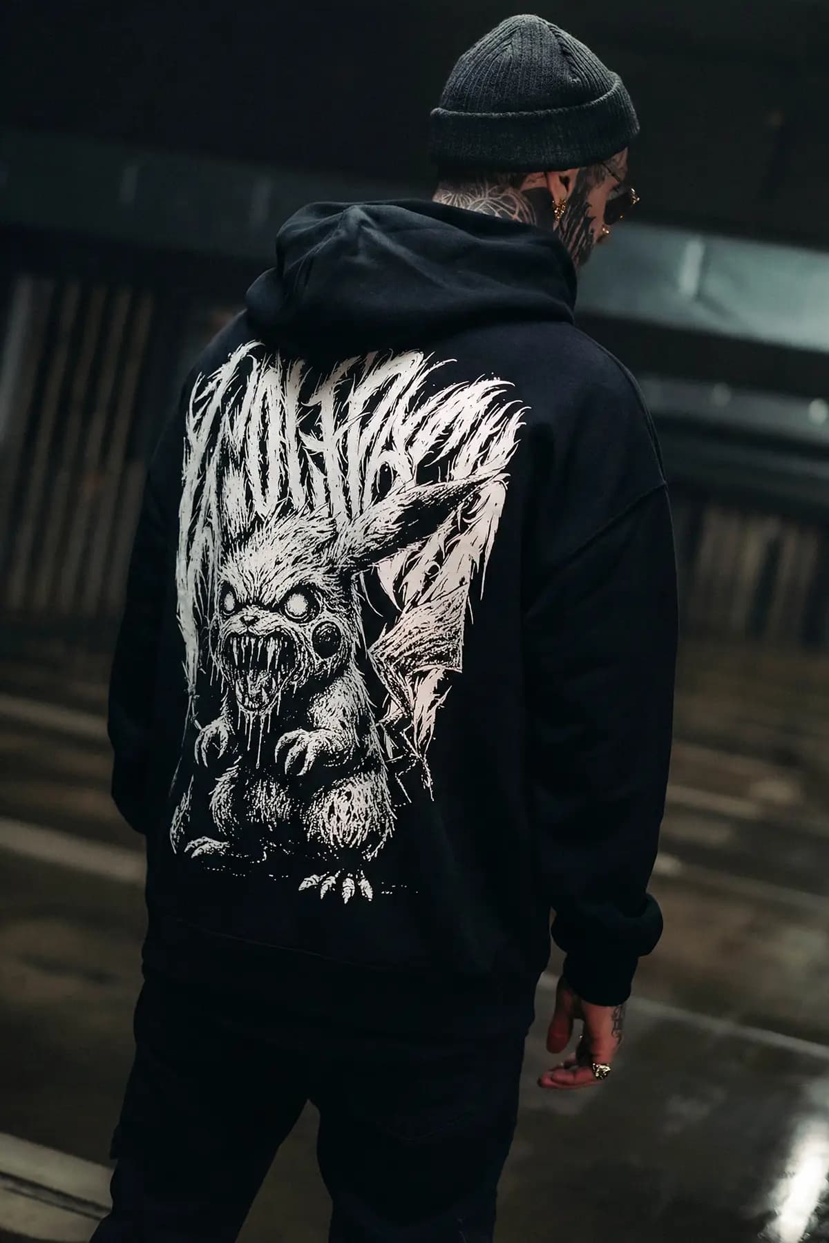 Black oversized hoodie with VOLTGNAW OVERSIZED HOODIE UNISEX print - Wolfpack Clothing