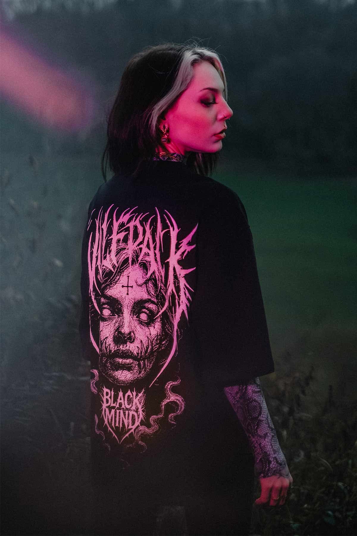 Black oversized t-shirt with BLACK RITUAL OVERSIZED TEE UNISEX print - Wolfpack Clothing