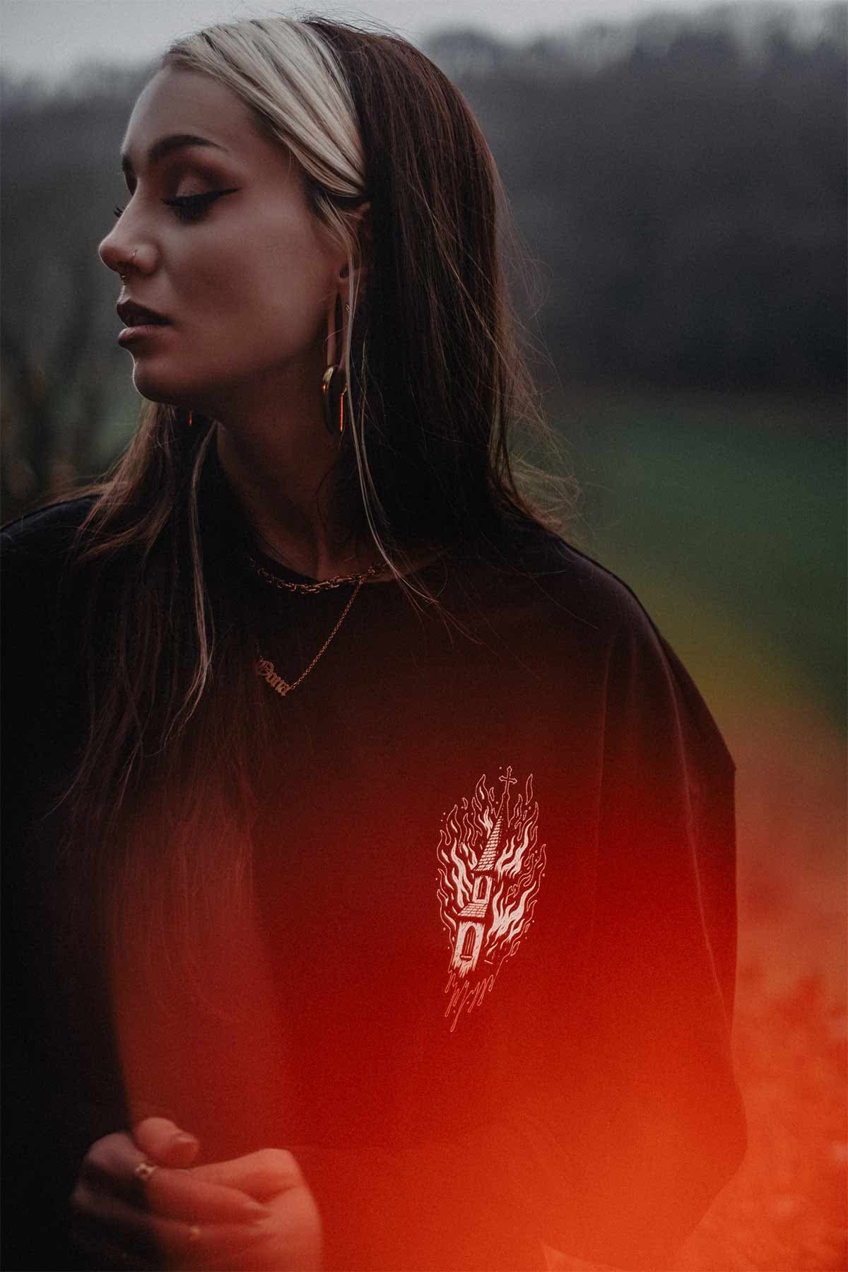 Black oversized t-shirt with BLACK RITUAL OVERSIZED TEE UNISEX print - Wolfpack Clothing