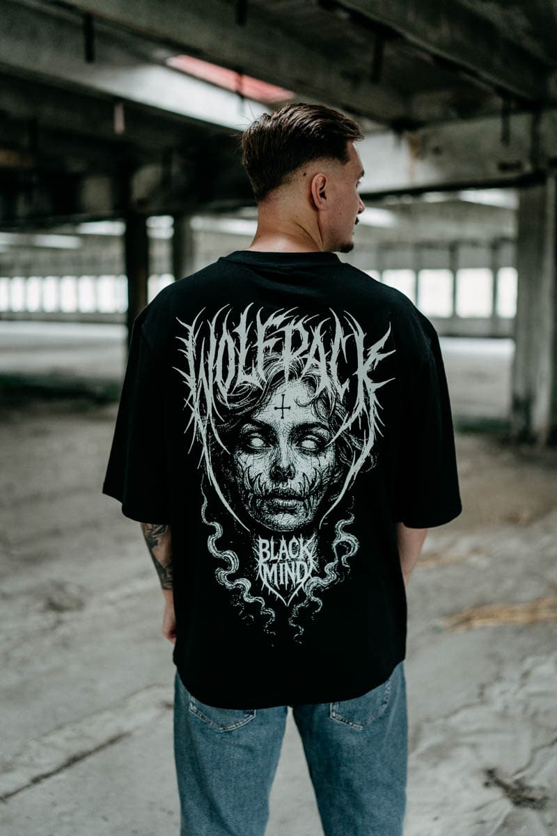 Black oversized t-shirt with BLACK RITUAL OVERSIZED TEE UNISEX print - Wolfpack Clothing