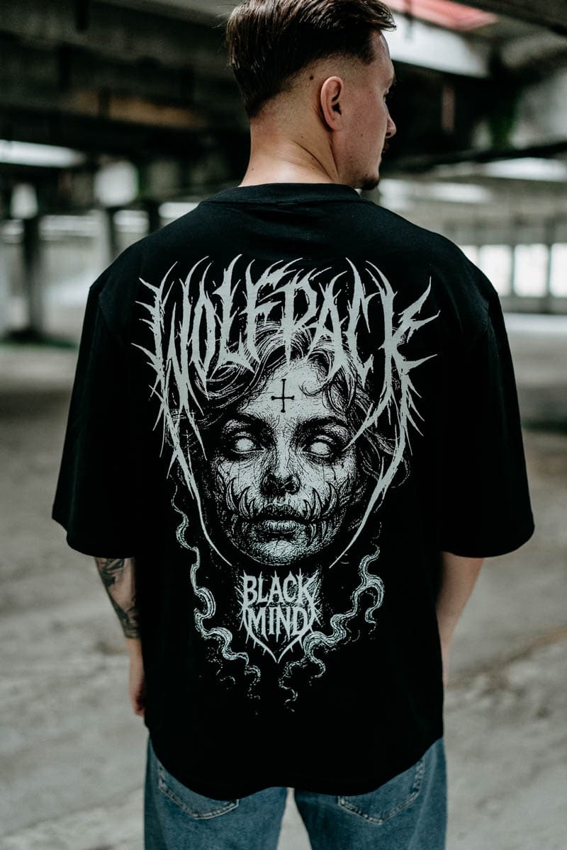 Black oversized t-shirt with BLACK RITUAL OVERSIZED TEE UNISEX print - Wolfpack Clothing