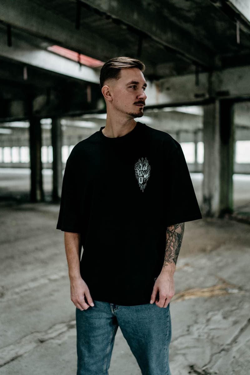 Black oversized t-shirt with BLACK RITUAL OVERSIZED TEE UNISEX print - Wolfpack Clothing