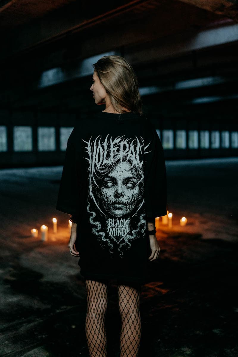 Black oversized t-shirt with BLACK RITUAL OVERSIZED TEE UNISEX print - Wolfpack Clothing