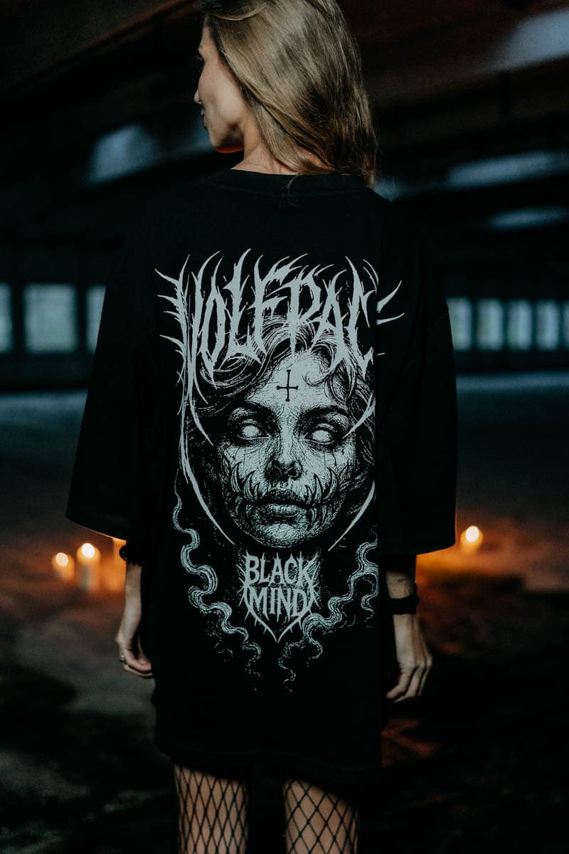 Black oversized t-shirt with BLACK RITUAL OVERSIZED TEE UNISEX print - Wolfpack Clothing