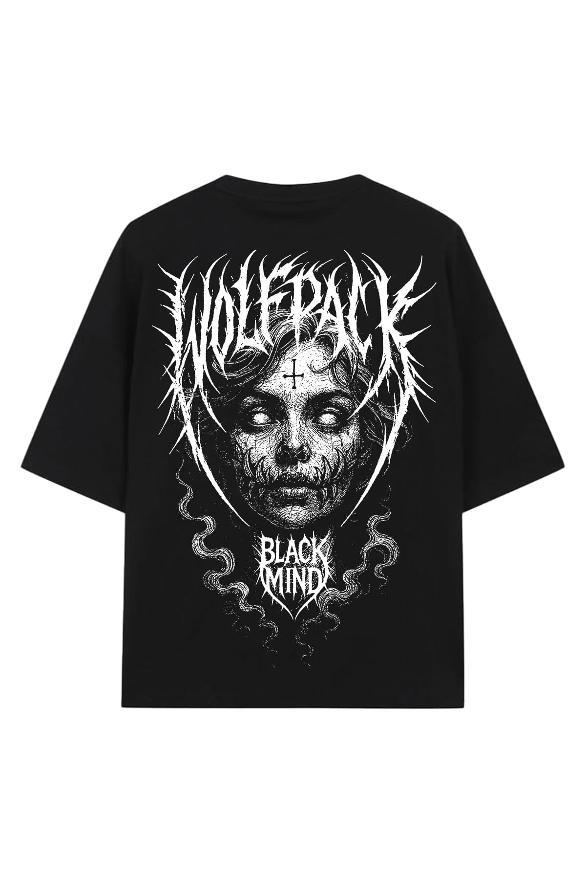 Black oversized t-shirt with BLACK RITUAL OVERSIZED TEE UNISEX print - Wolfpack Clothing