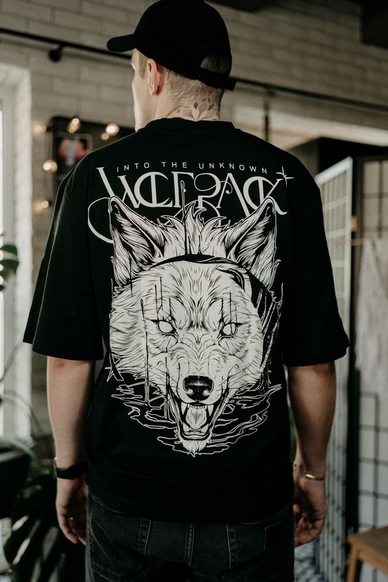 Black oversized t-shirt with CALL OF THE WILD OVERSIZED TEE UNISEX print - Wolfpack Clothing