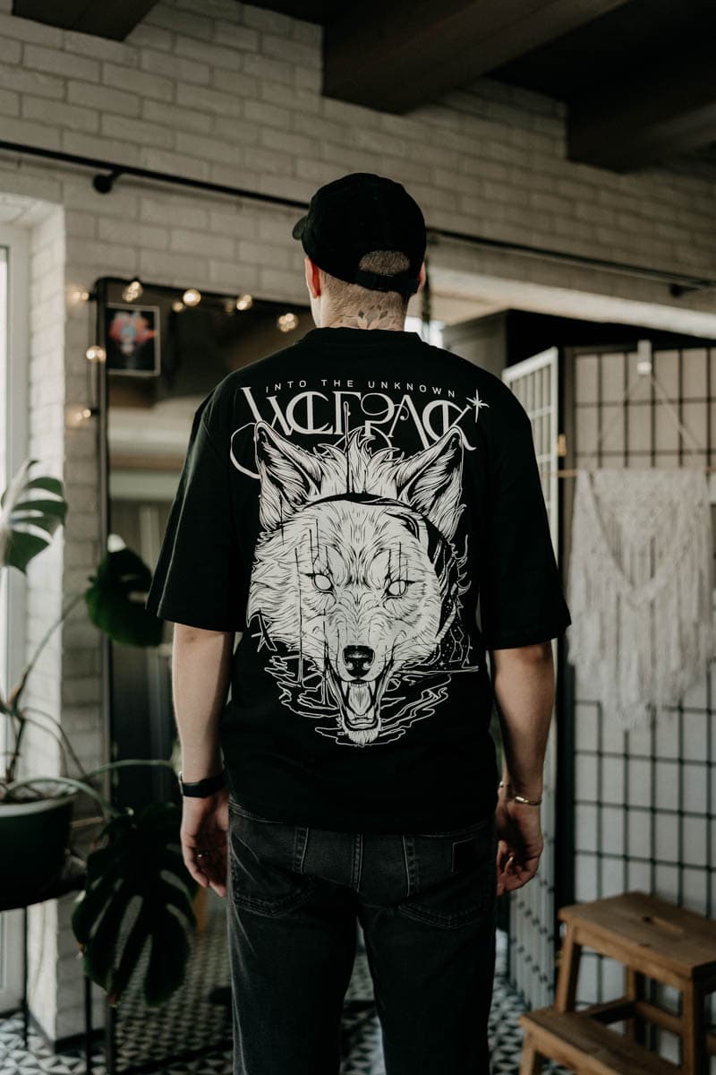Black oversized t-shirt with CALL OF THE WILD OVERSIZED TEE UNISEX print - Wolfpack Clothing