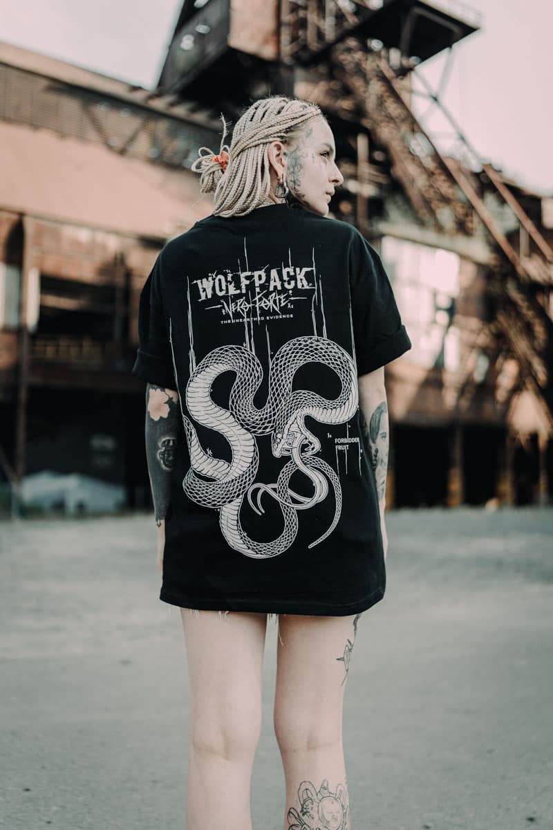 Black oversized t-shirt with FORBIDDEN FRUIT OVERSIZED TEE UNISEX print - Wolfpack Clothing