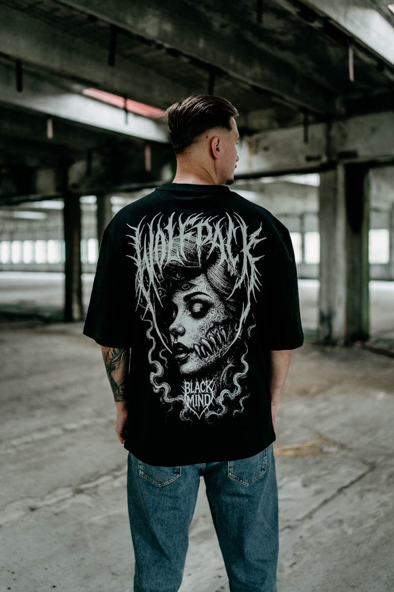 Black oversized t-shirt with INNER EYE OVERSIZED TEE UNISEX print - Wolfpack Clothing