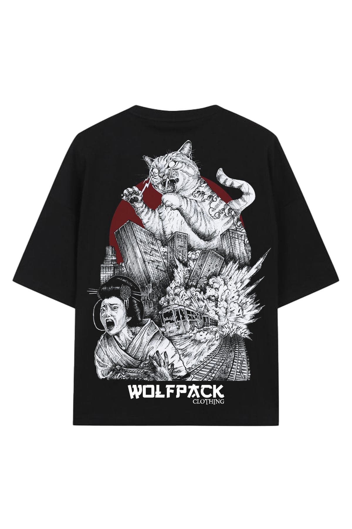 Black oversized t-shirt with CATZILLA OVERSIZED TEE UNISEX print - Wolfpack Clothing