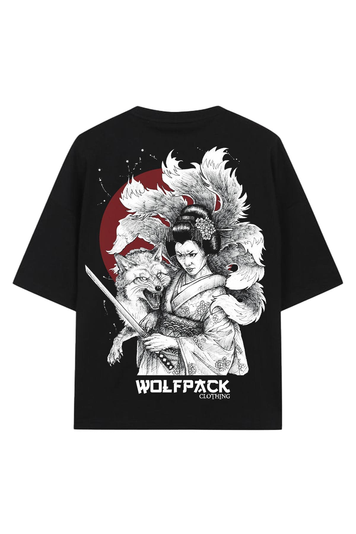 Black oversized t-shirt with KITSUNE OVERSIZED TEE UNISEX print - Wolfpack Clothing