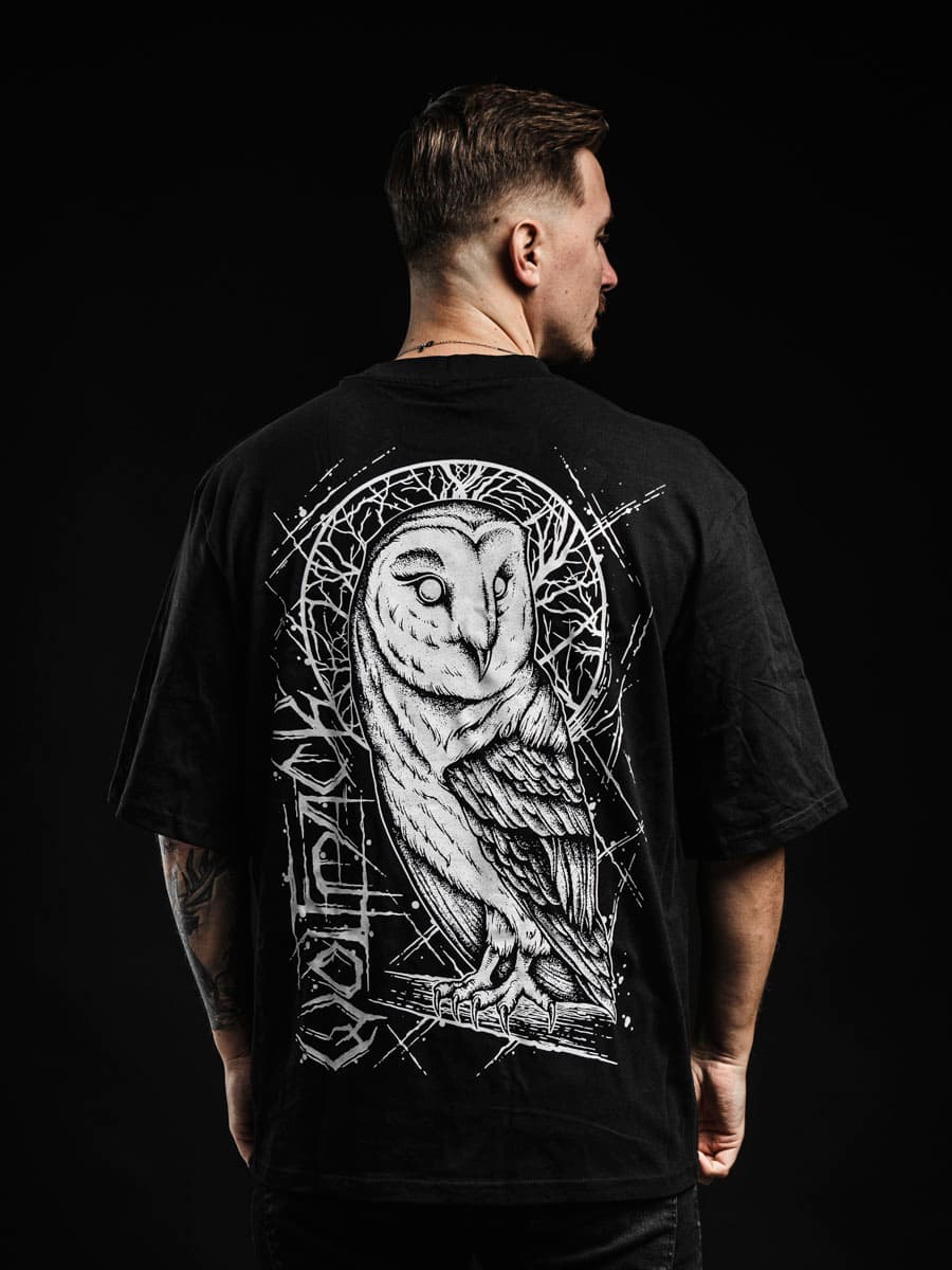 Black oversized t-shirt with NIGHT OWL OVERSIZED TEE UNISEX print - Wolfpack Clothing