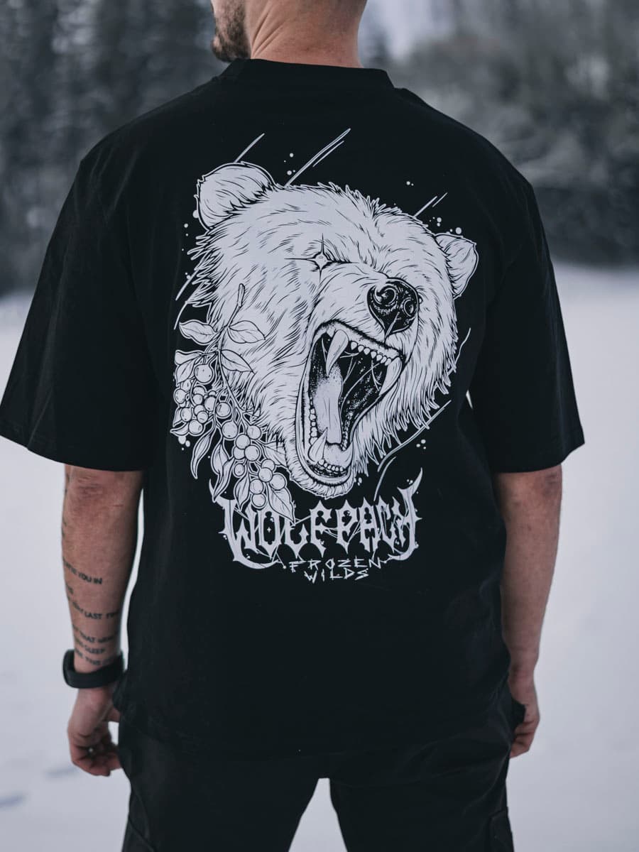 Black oversized t-shirt with NORDIC HUNTER OVERSIZED TEE UNISEX print - Wolfpack Clothing