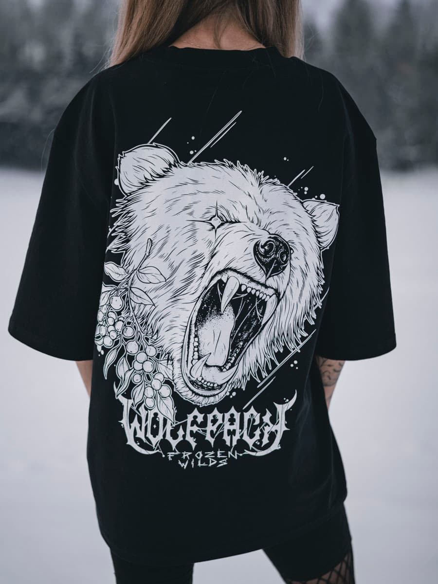 Black oversized t-shirt with NORDIC HUNTER OVERSIZED TEE UNISEX print - Wolfpack Clothing