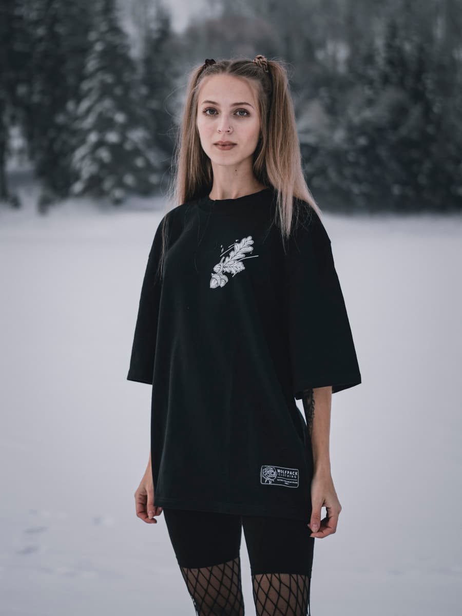 Black oversized t-shirt with NORDIC HUNTER OVERSIZED TEE UNISEX print - Wolfpack Clothing