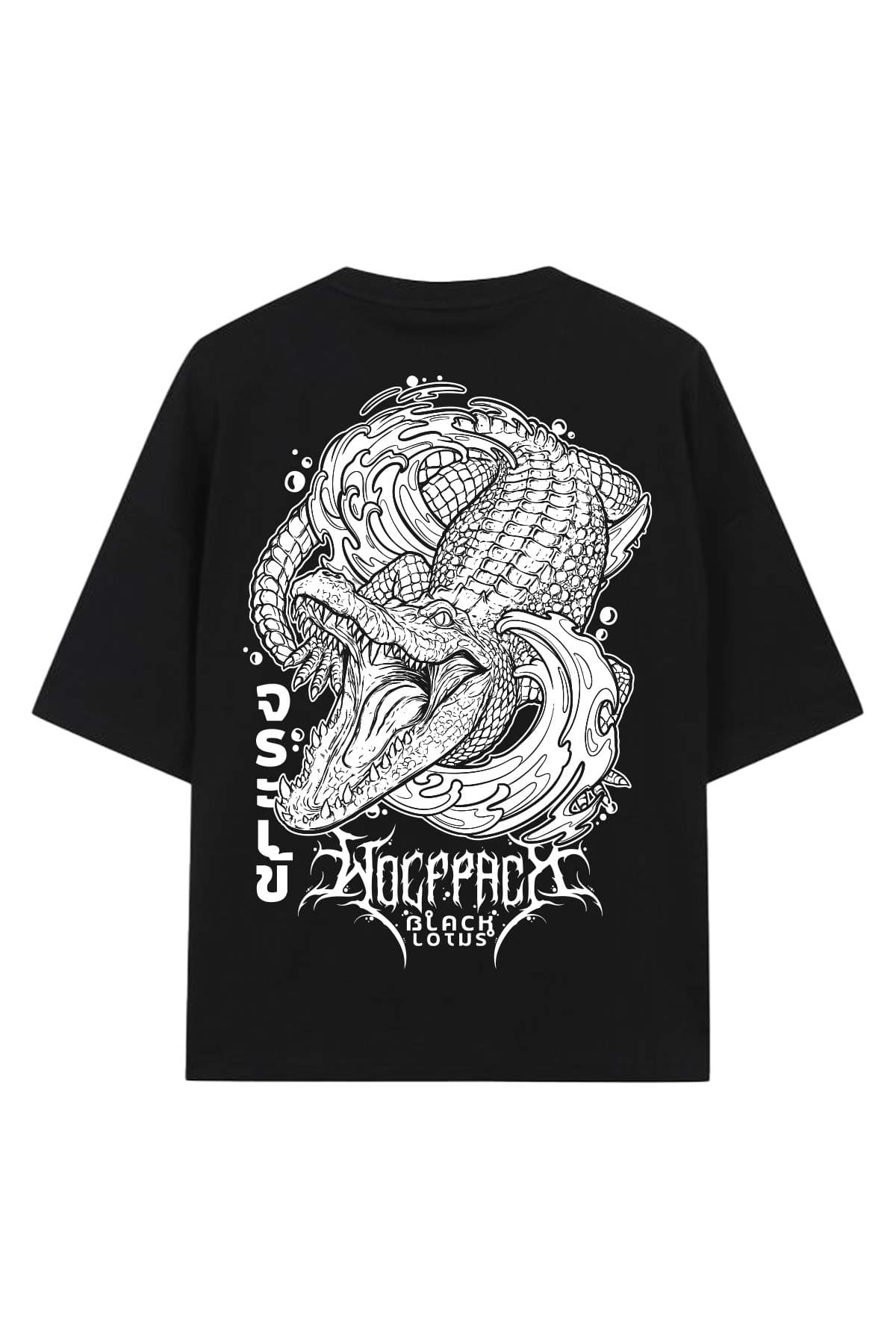 Black oversized t-shirt with SCALES & SILENCE OVERSIZED TEE UNISEX print - Wolfpack Clothing