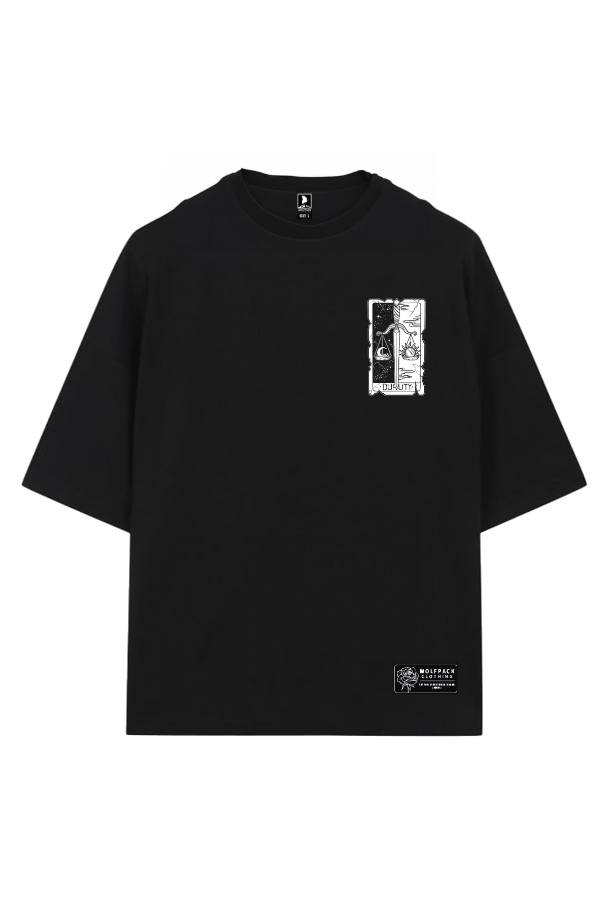 Black oversized t-shirt with THE DUALITY OVERSIZED TEE UNISEX print - Wolfpack Clothing