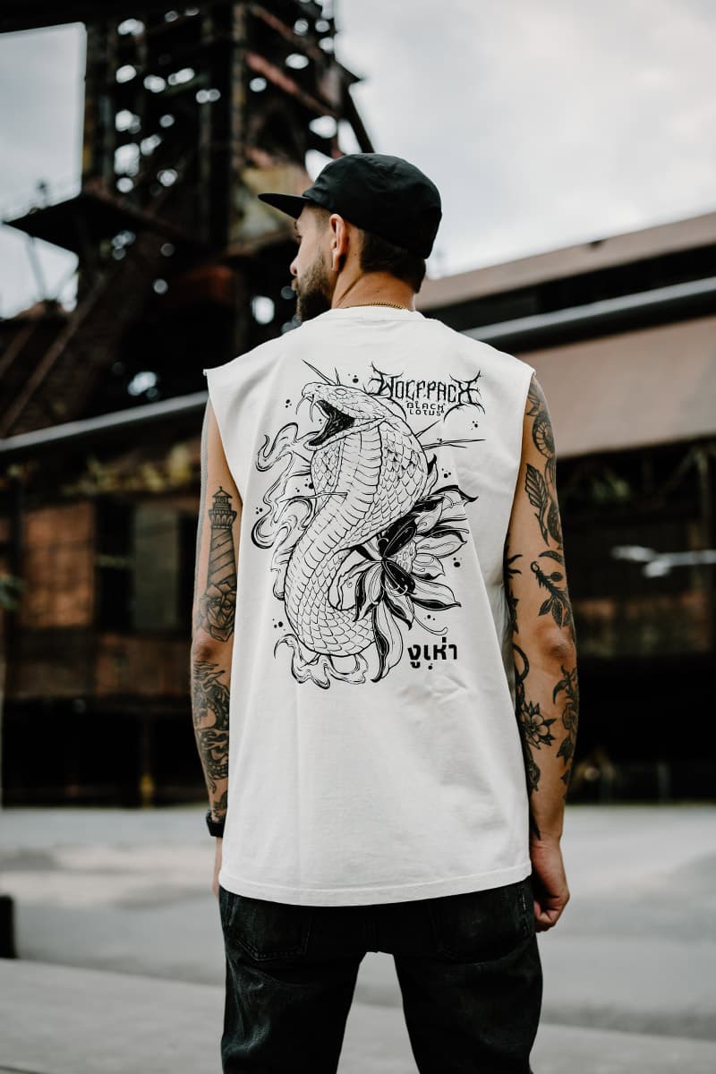 Bone heavy tank top with SERPENT OF SIAM HEAVY FADED TANK UNISEX print - Wolfpack Clothing