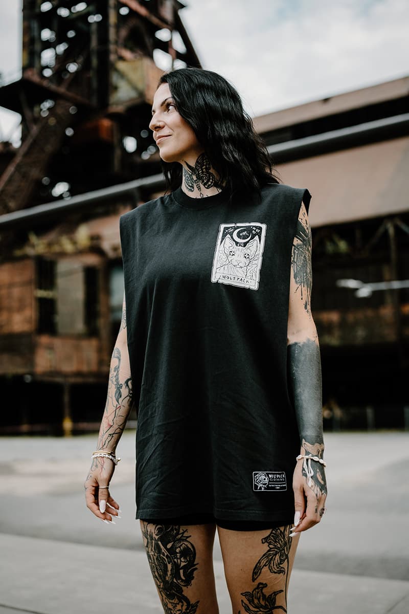 Black heavy tank top with THE MOON HEAVY FADED TANK UNISEX print - Wolfpack Clothing