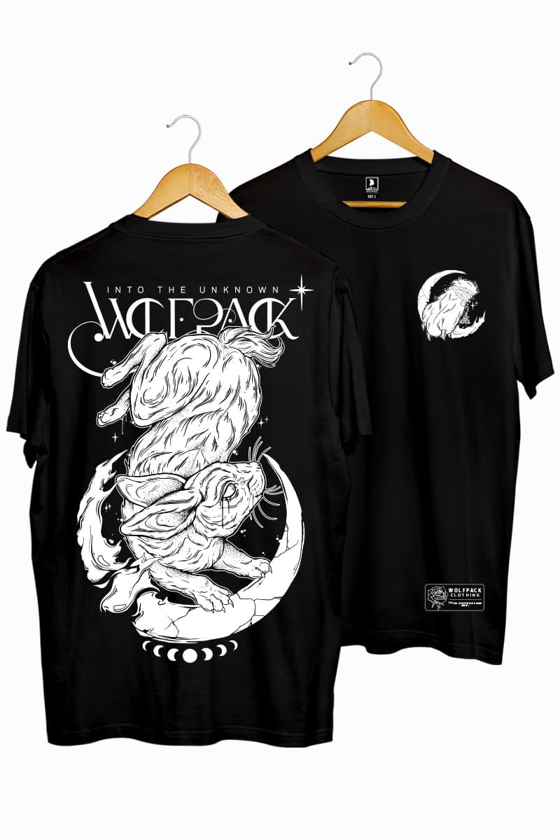 Black t-shirt with INTO THE UNKNOWN TEE UNISEX print - Wolfpack Clothing