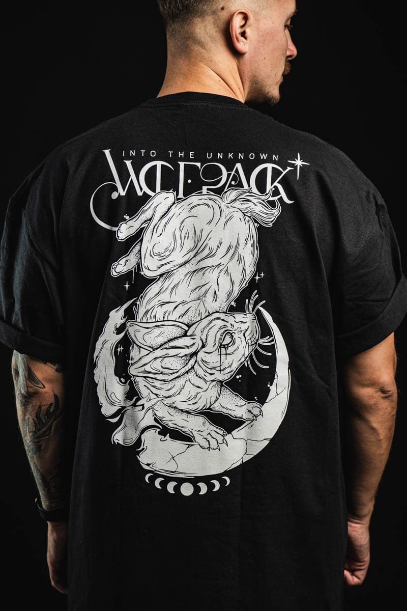Black t-shirt with INTO THE UNKNOWN TEE UNISEX print - Wolfpack Clothing