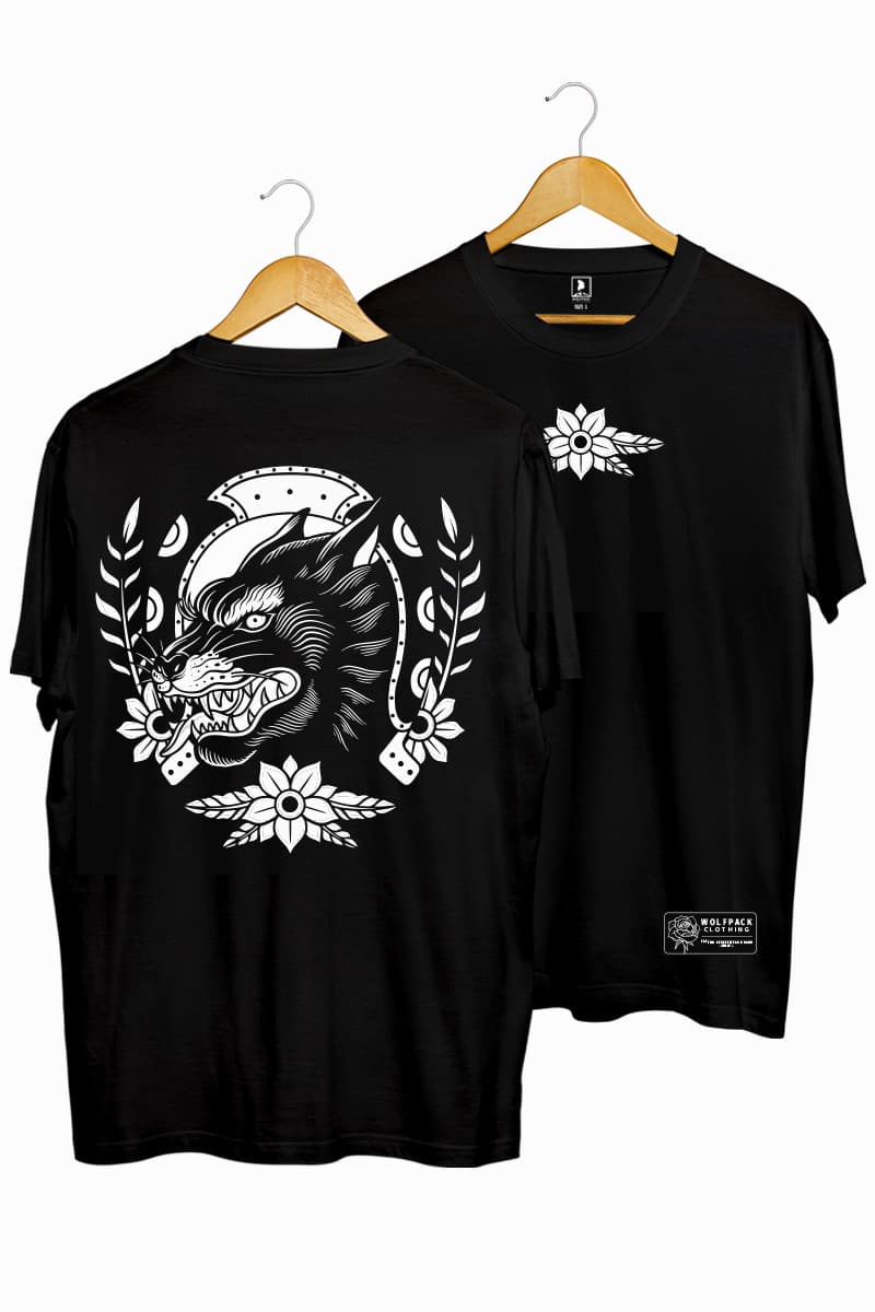 Black t-shirt with OLD SCHOOL WOLF TEE BLACK UNISEX print - Wolfpack Clothing