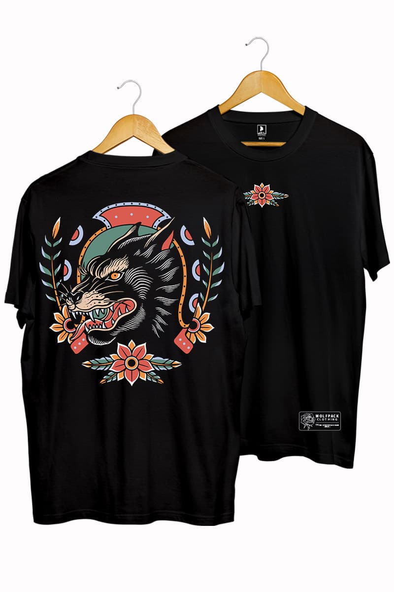 Black t-shirt with OLD SCHOOL WOLF TEE UNISEX print - Wolfpack Clothing