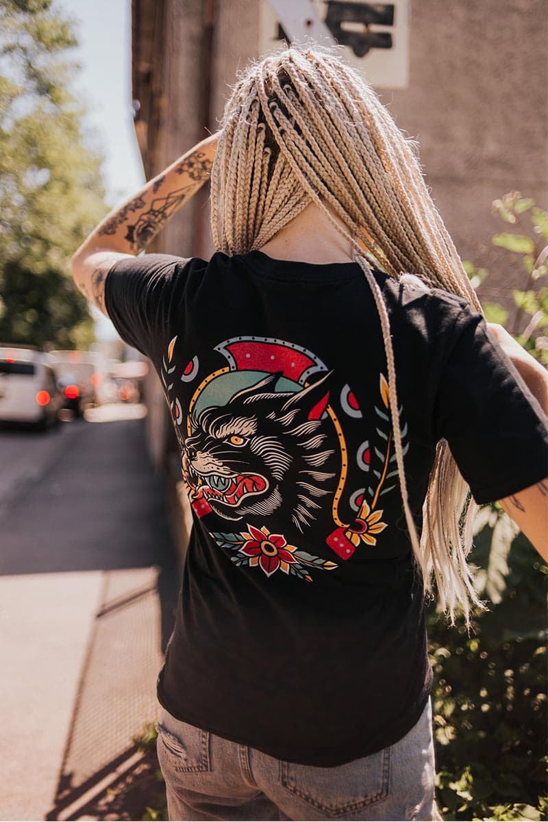 Black t-shirt with OLD SCHOOL WOLF TEE UNISEX print - Wolfpack Clothing