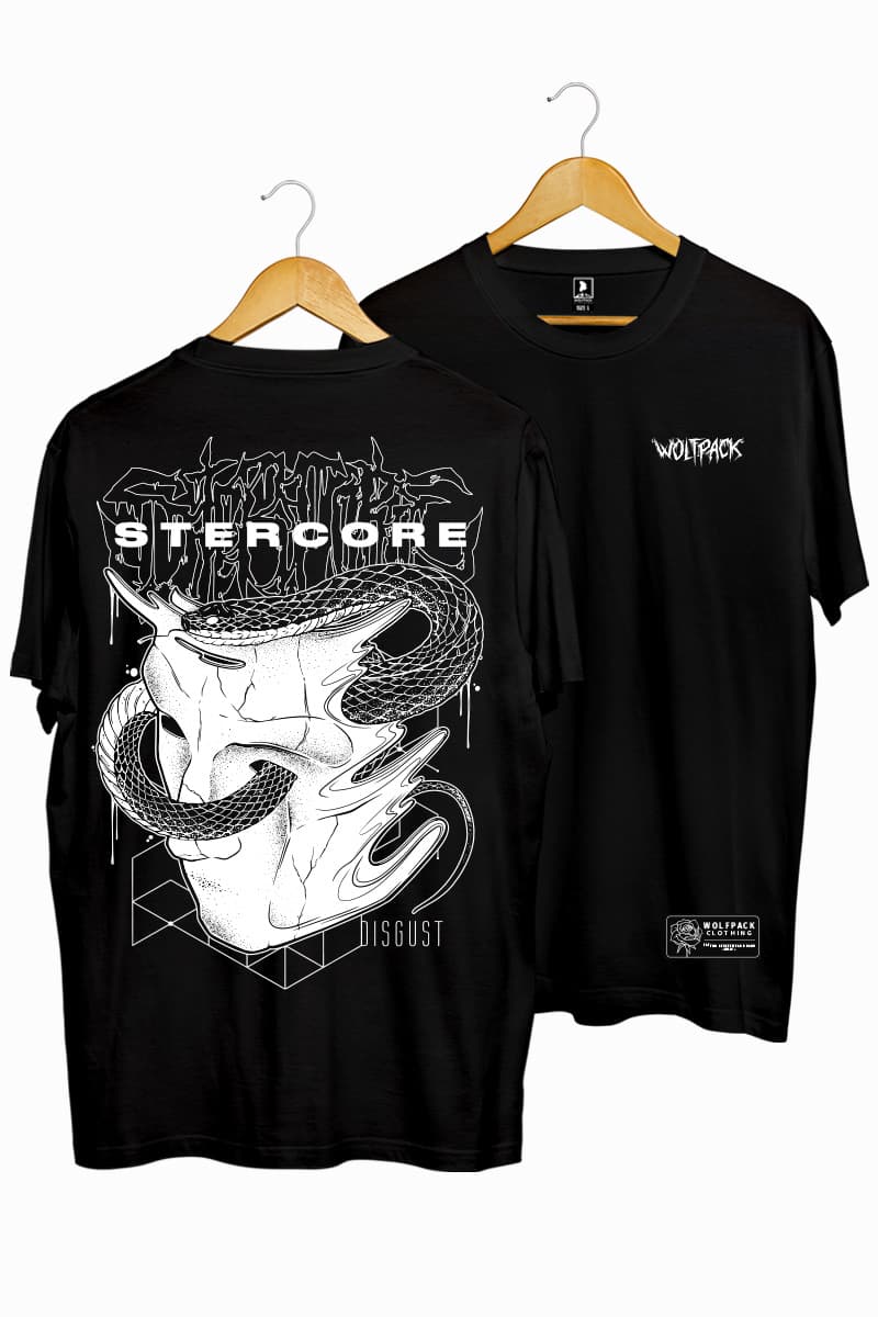 Black t-shirt with STERCORE x WOLFPACK TEE UNISEX print - Wolfpack Clothing