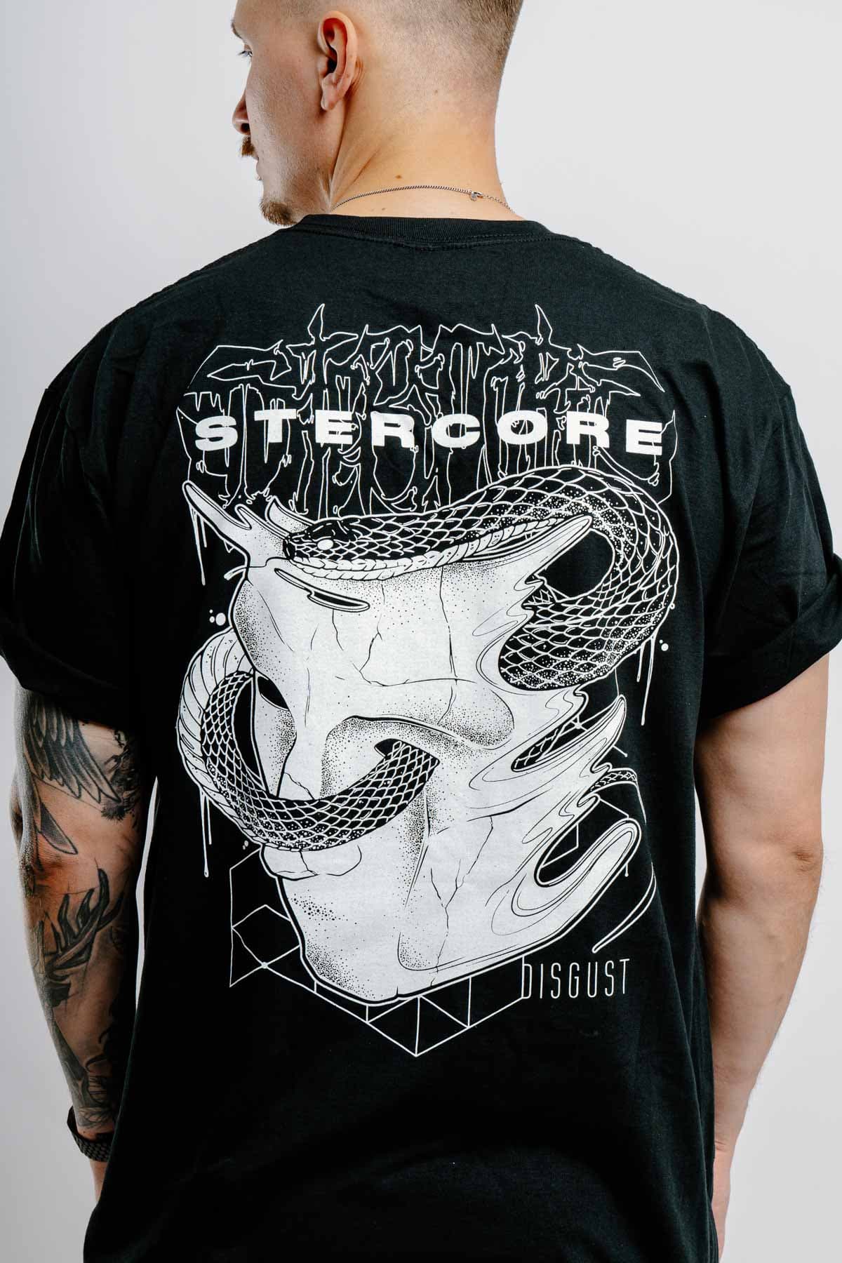 Black t-shirt with STERCORE x WOLFPACK TEE UNISEX print - Wolfpack Clothing