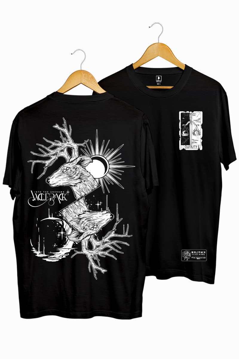 Black t-shirt with THE DUALITY TEE UNISEX print - Wolfpack Clothing