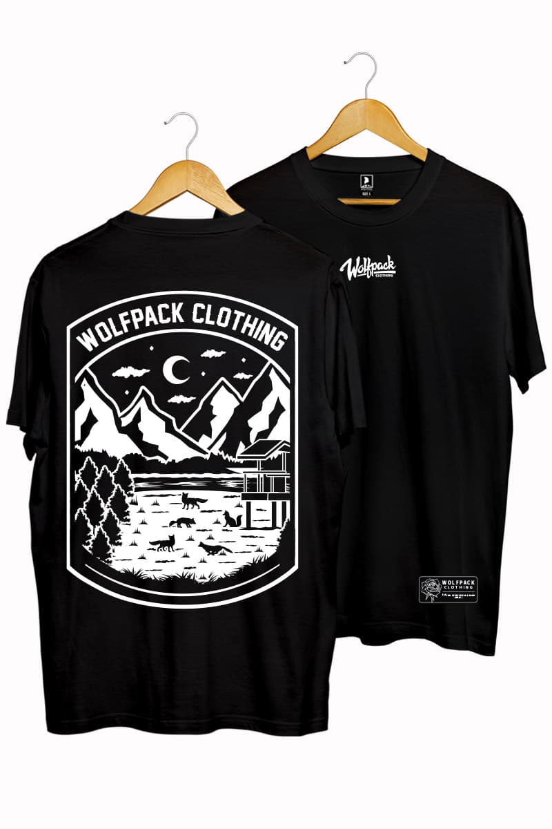 Black t-shirt with WILDERNESS FOXES TEE UNISEX print - Wolfpack Clothing